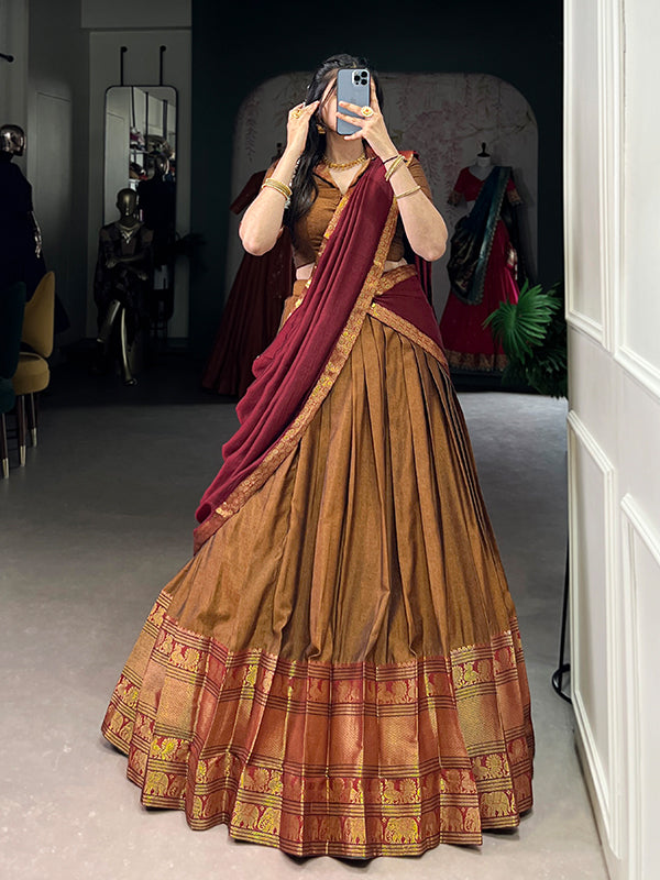Mustard & Maroon Narayana Pet Silk Lehenga Choli With Dupatta