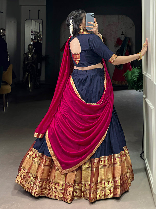 Navy Blue & Red Narayana Pet Silk Lehenga Choli With Dupatta