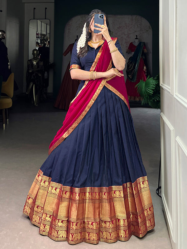 Navy Blue & Red Narayana Pet Silk Lehenga Choli With Dupatta