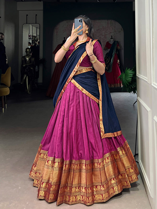Pink & Navy Blue Narayana Pet Silk Lehenga Choli With Dupatta