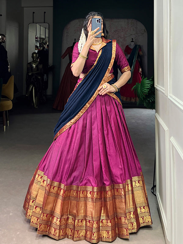Pink & Navy Blue Narayana Pet Silk Lehenga Choli With Dupatta