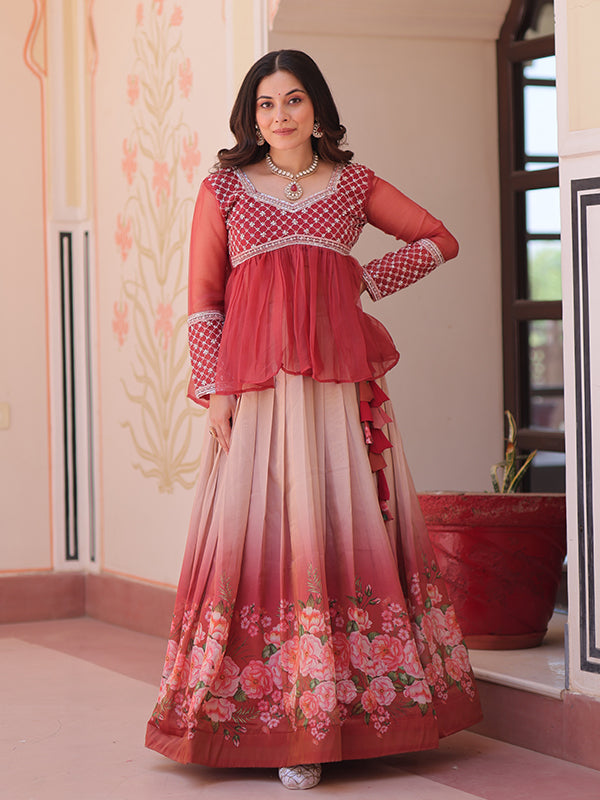 Peach Beads Embroidered Work Chiffon Top With Flower Print Lehenga