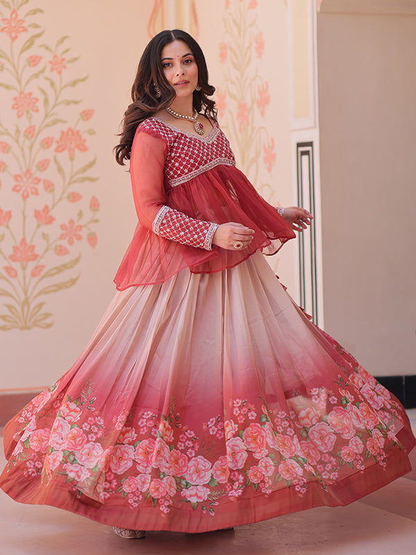 Peach Beads Embroidered Work Chiffon Top With Flower Print Lehenga