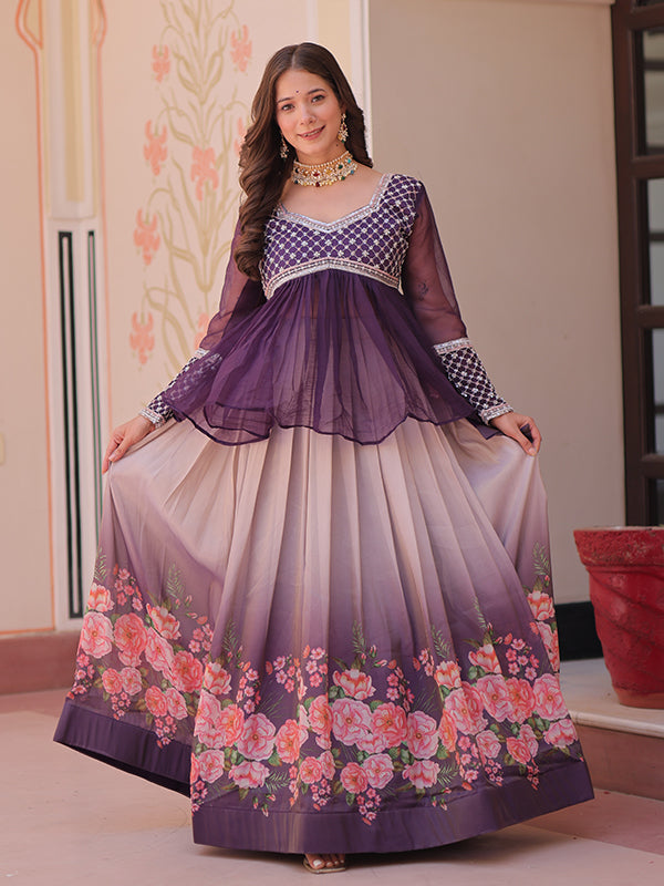 Purple Beads Embroidered Work Chiffon Top With Flower Print Lehenga