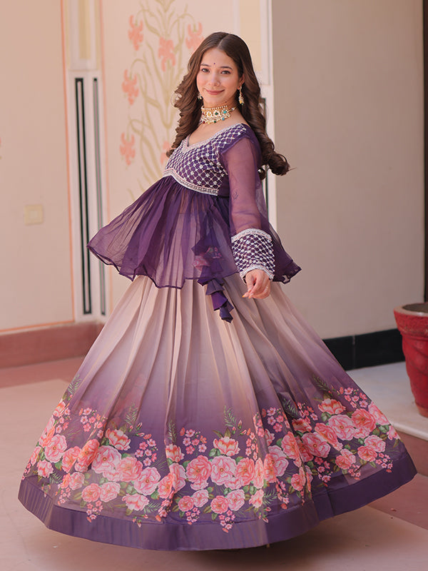 Purple Beads Embroidered Work Chiffon Top With Flower Print Lehenga