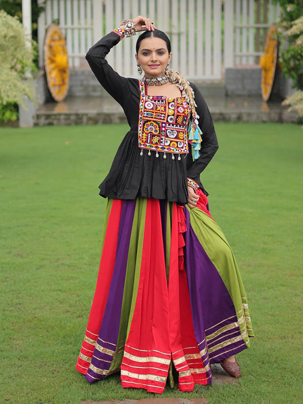 Black Reyon Top With Multi Color Lehenga