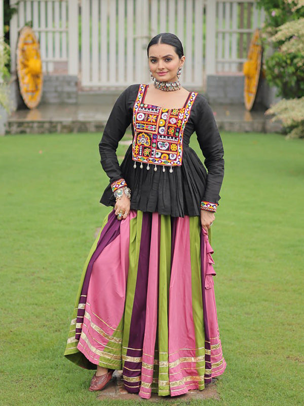Black Reyon Top With Multi Color Gota Patti Lace Work Lehenga