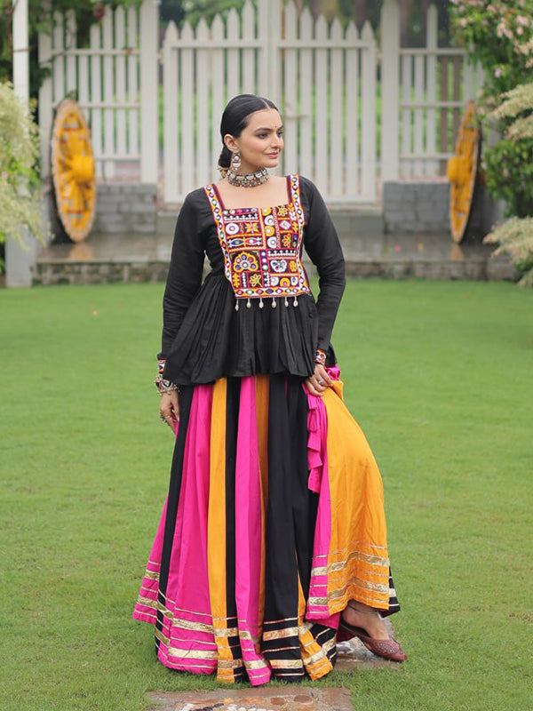 Black Kutchi Gamthi Work Top With Multi Color Gota Patti Lace Work Lehenga