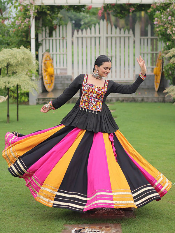 Black Kutchi Gamthi Work Top With Multi Color Gota Patti Lace Work Lehenga