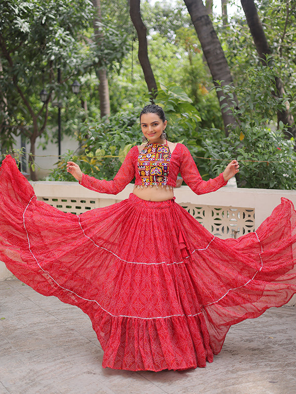 Red Bandhej Printed Georgette Lehenga Choli