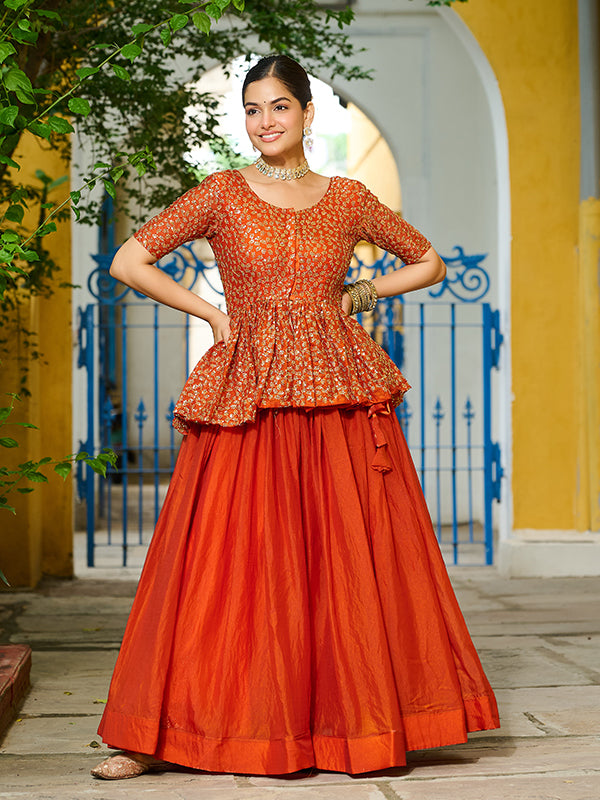 Orange Embroidered Sequins Work Peplum Top With Lehenga