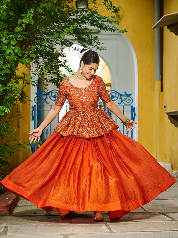Orange Embroidered Sequins Work Peplum Top With Lehenga