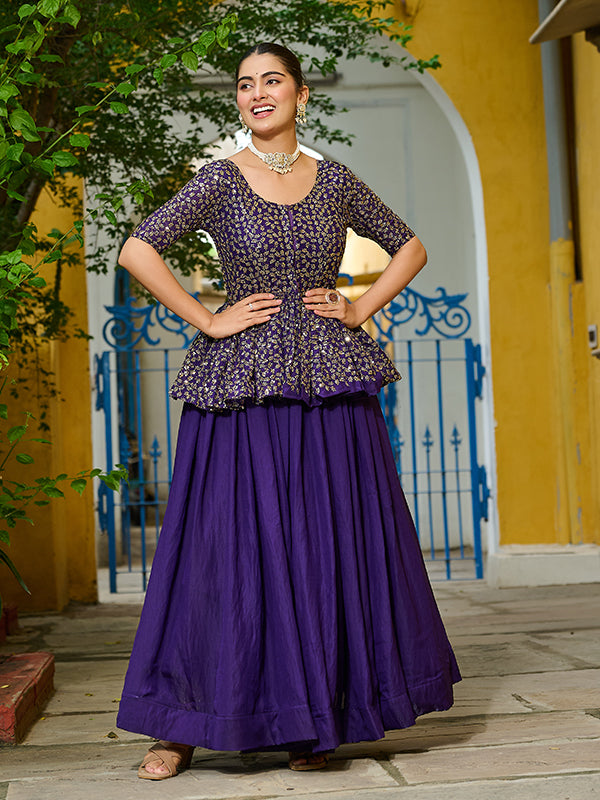 Purple Embroidered Sequins Work Peplum Top With Lehenga