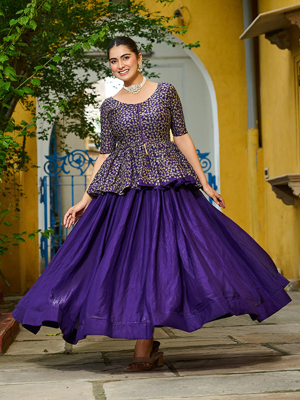 Purple Embroidered Sequins Work Peplum Top With Lehenga