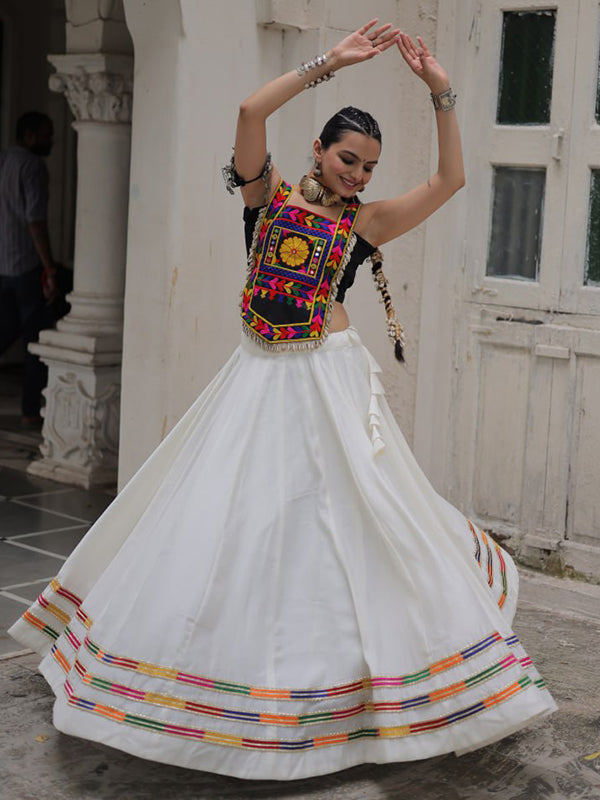 Black Kutchi Gamthi Embroidered Work Top With White Gota-Patti Lace Lehenga