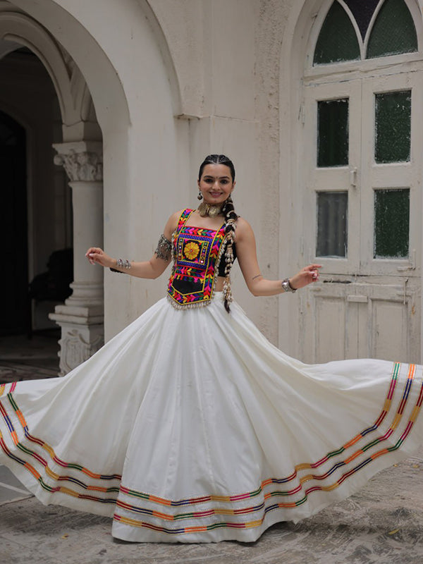 Black Kutchi Gamthi Embroidered Work Top With White Gota-Patti Lace Lehenga