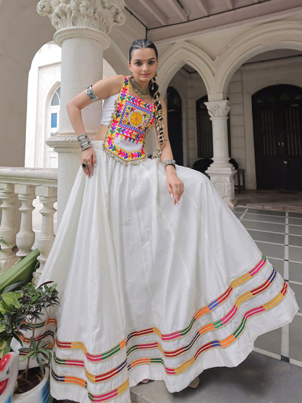 White Kutchi Gamthi Embroidered Work Top With Gota-Patti Lace Lehenga