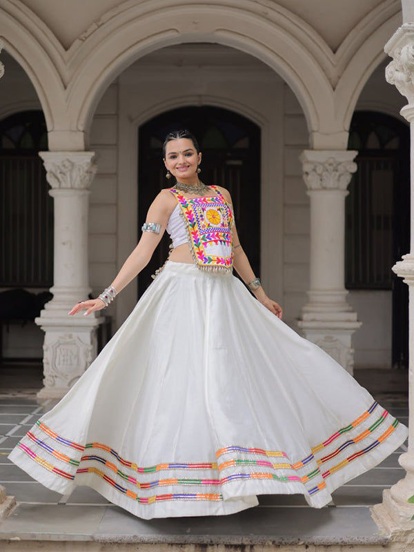 White Kutchi Gamthi Embroidered Work Top With Gota-Patti Lace Lehenga