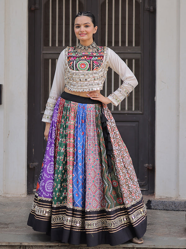 White Kutchi Gamthi Embroidered Work Top With Multi Cotton Printed Lehenga