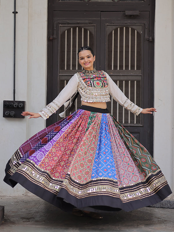 White Kutchi Gamthi Embroidered Work Top With Multi Cotton Printed Lehenga