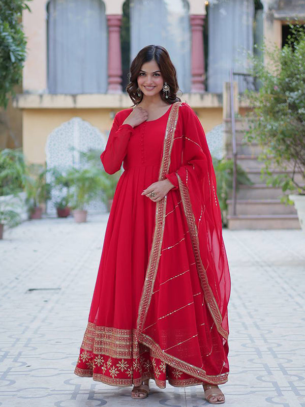 Red Faux Blooming Gown With Embroidered Work Dupatta