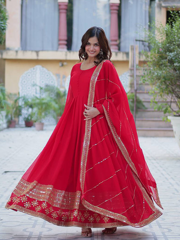Red Faux Blooming Gown With Embroidered Work Dupatta