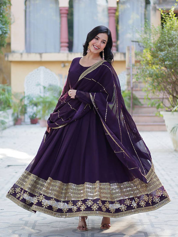 Purple Faux Blooming Gown With Embroidered Work Dupatta