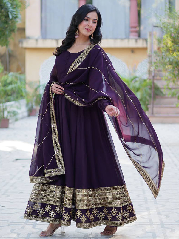 Purple Faux Blooming Gown With Embroidered Work Dupatta