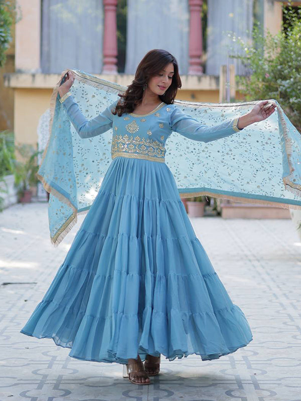 Sky Blue Ruffle Style Georgette Gown With Embroidered Work Dupatta