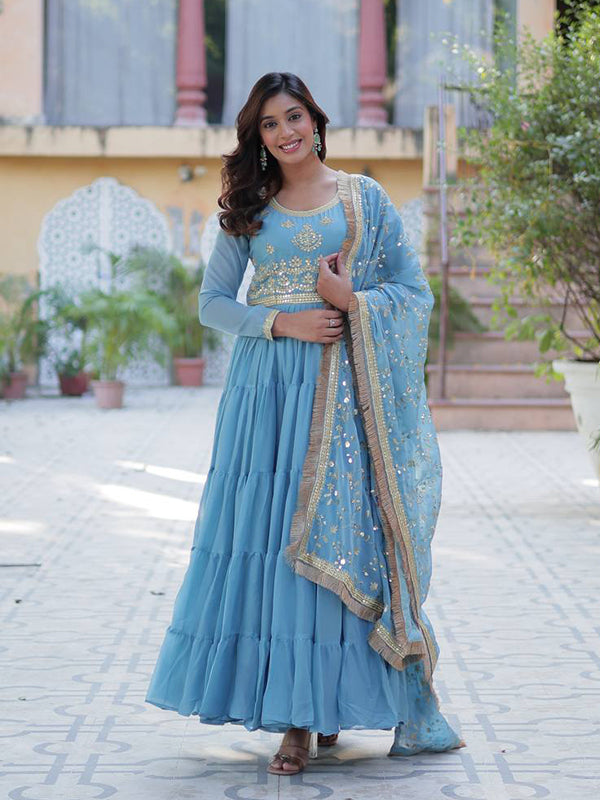 Sky Blue Ruffle Style Georgette Gown With Embroidered Work Dupatta