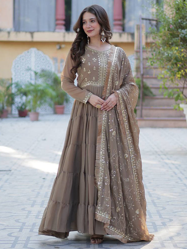 Brown Ruffle Style Georgette Gown With Embroidered Work Dupatta