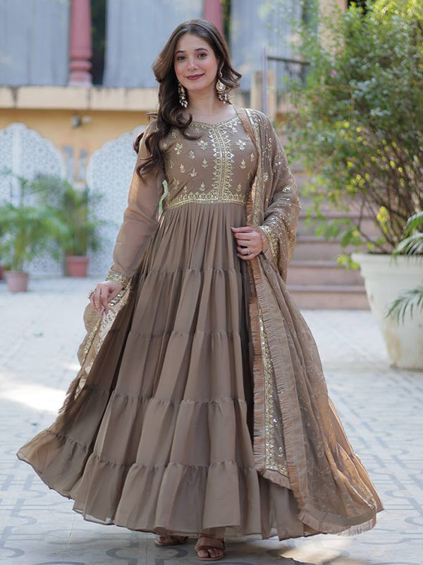 Brown Ruffle Style Georgette Gown With Embroidered Work Dupatta