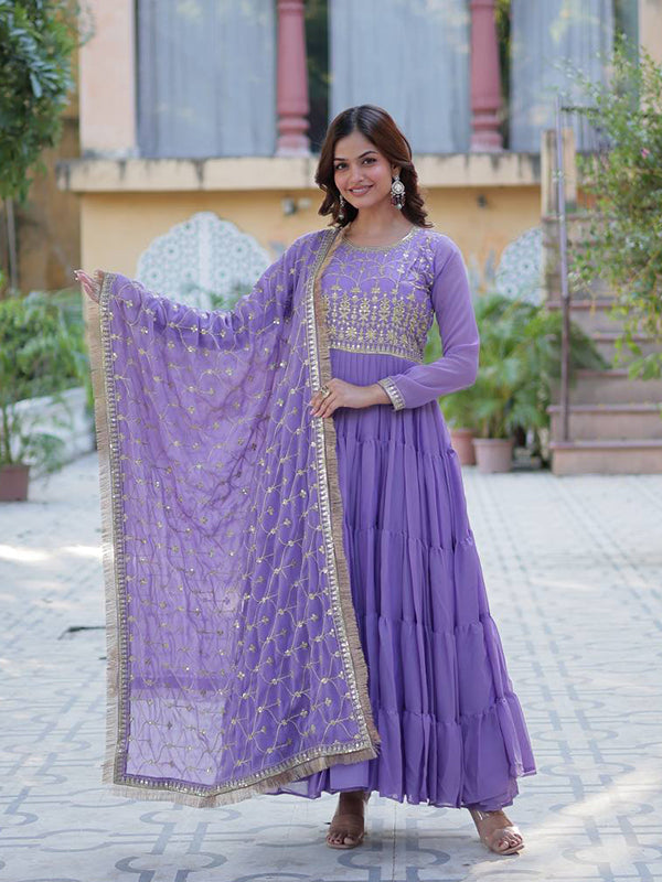 Lavender Ruffle Style Georgette Gown With Embroidered Work Dupatta