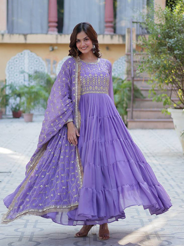 Lavender Ruffle Style Georgette Gown With Embroidered Work Dupatta