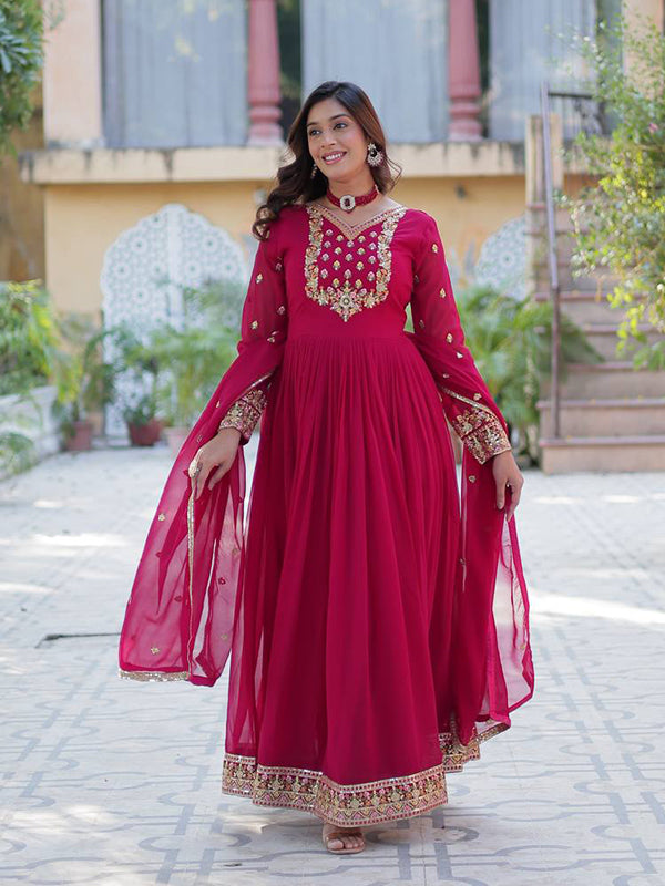 Pink Georgette Sequins Embroidered Work Gown With Dupatta
