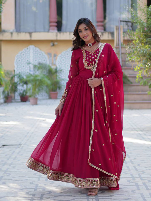 Pink Georgette Sequins Embroidered Work Gown With Dupatta