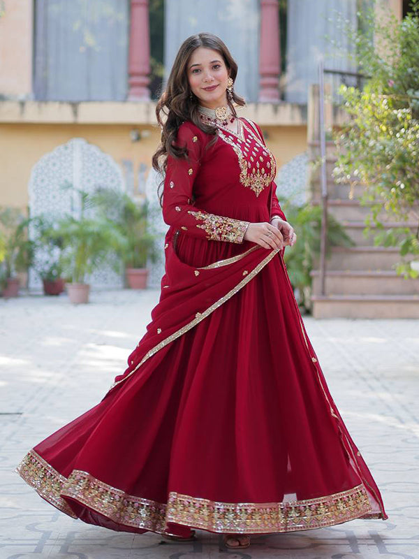 Maroon Georgette Sequins Embroidered Work Gown With Dupatta