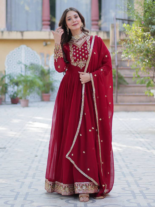 Maroon Georgette Sequins Embroidered Work Gown With Dupatta