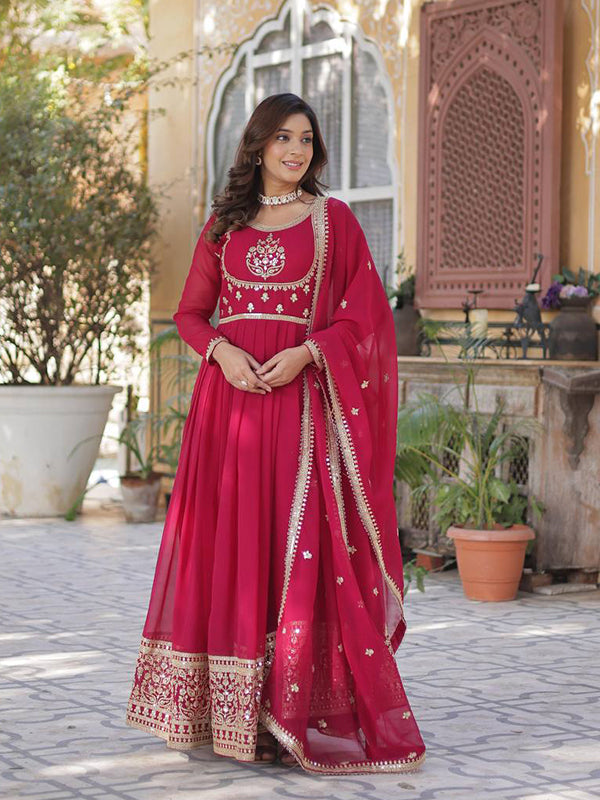 Pink Georgette Rich Sequins Embroidered Work Gown With Dupatta
