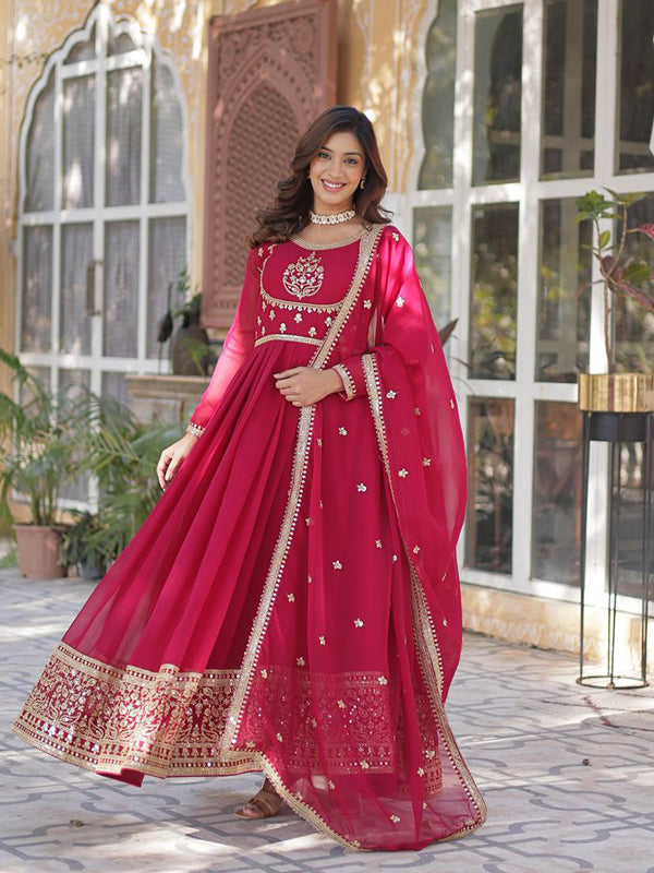 Pink Georgette Rich Sequins Embroidered Work Gown With Dupatta