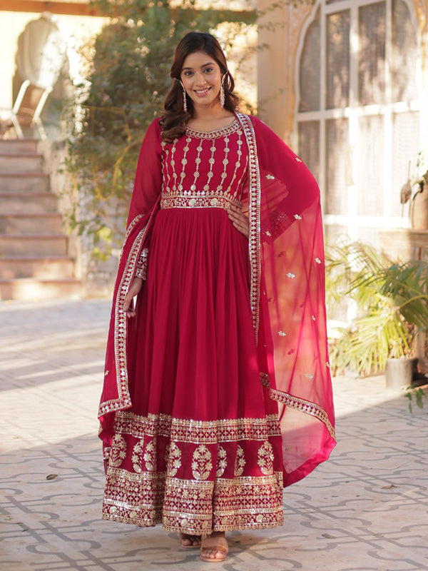 Pink Embroidery Zari Sequins Work Gown With Dupatta