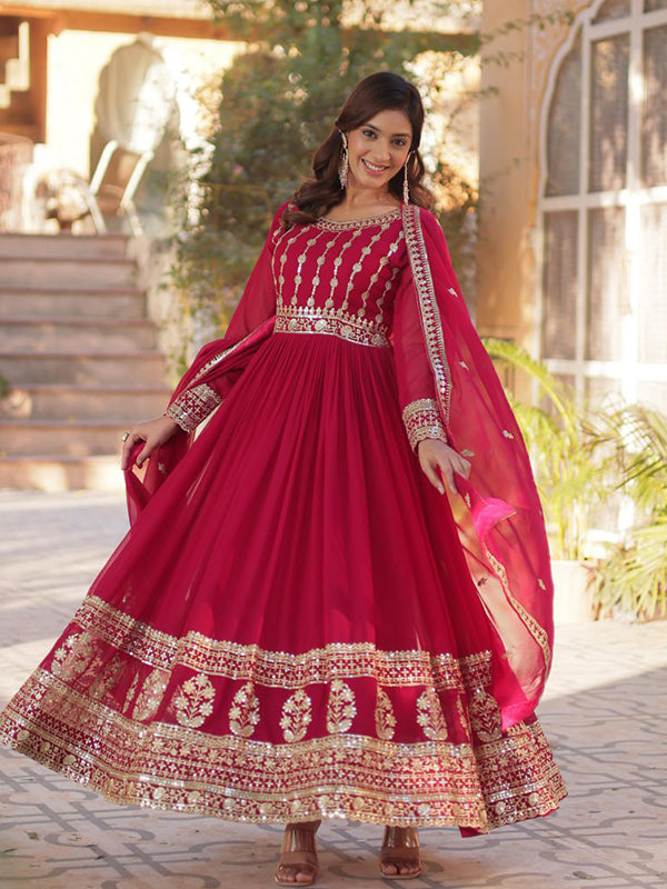 Pink Embroidery Zari Sequins Work Gown With Dupatta