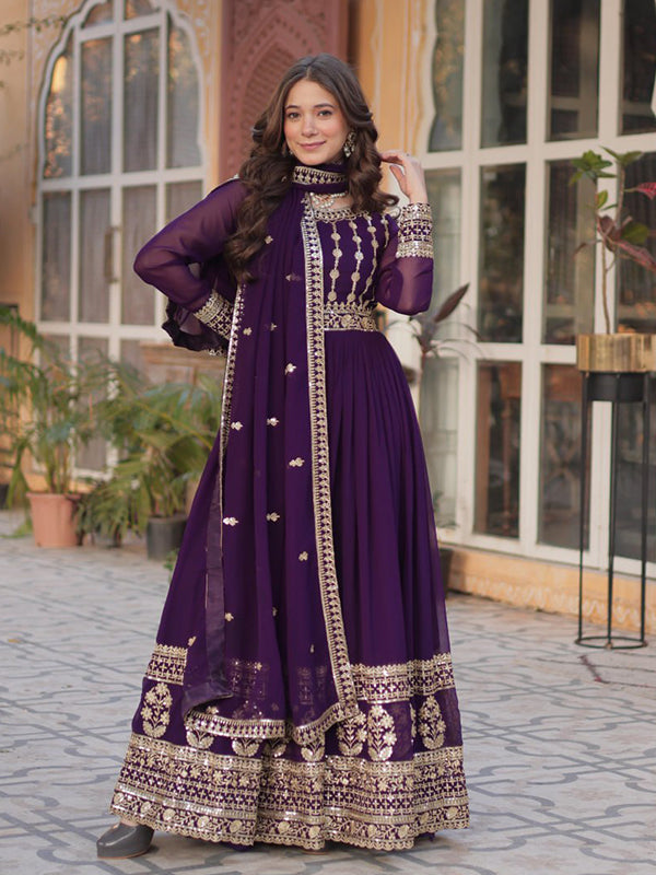 Purple Embroidery Zari Sequins Work Gown With Dupatta