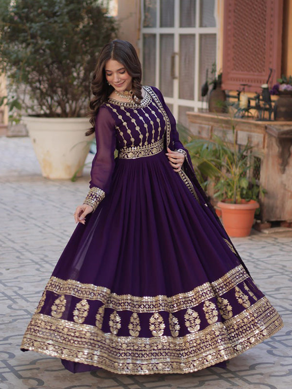 Purple Embroidery Zari Sequins Work Gown With Dupatta
