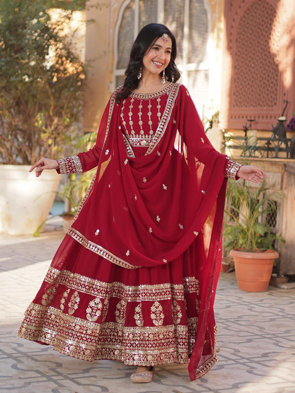 Red Embroidery Zari Sequins Work Gown With Dupatta