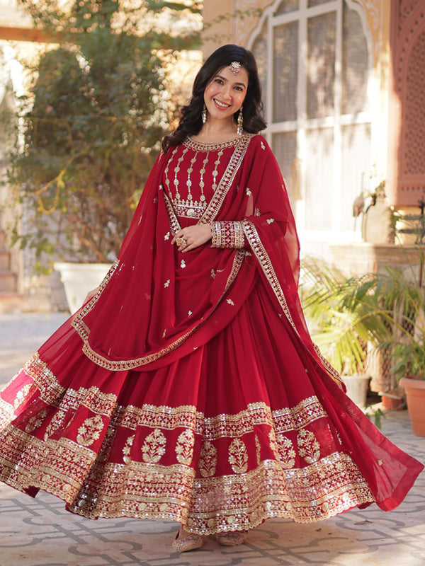 Red Embroidery Zari Sequins Work Gown With Dupatta