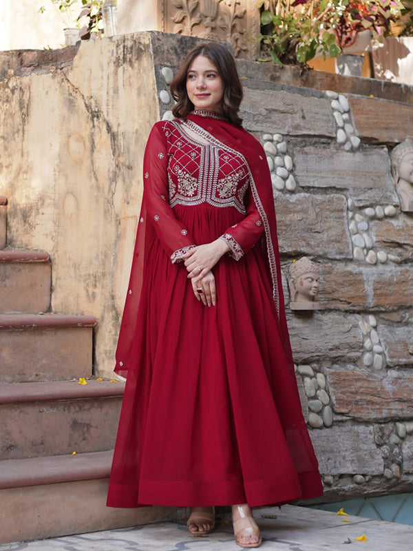 Maroon Faux Blooming Gown With Sequins Beads Embroidered Work