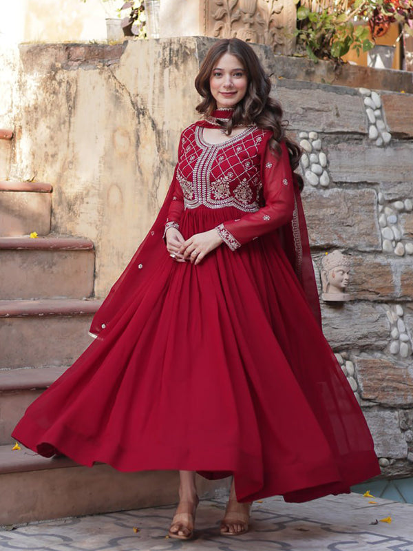 Maroon Faux Blooming Gown With Sequins Beads Embroidered Work