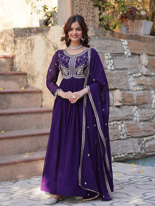 Purple Faux Blooming Gown With Sequins Beads Embroidered Work