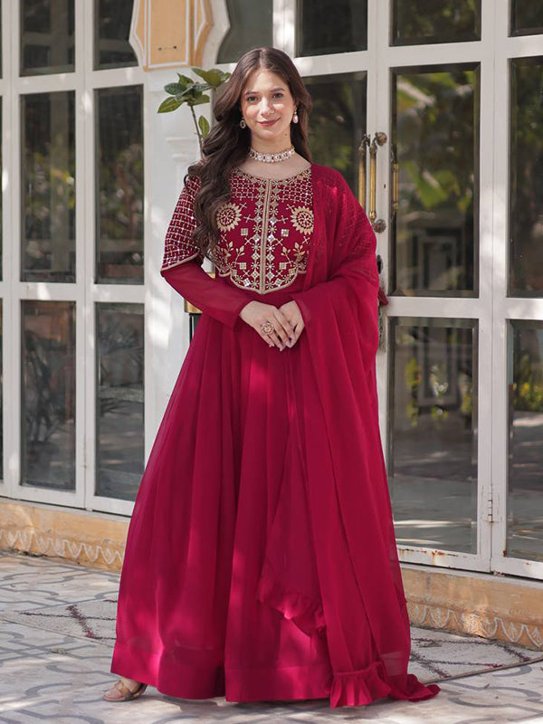 Pink Georgette Embroidered Work Gown With Dupatta